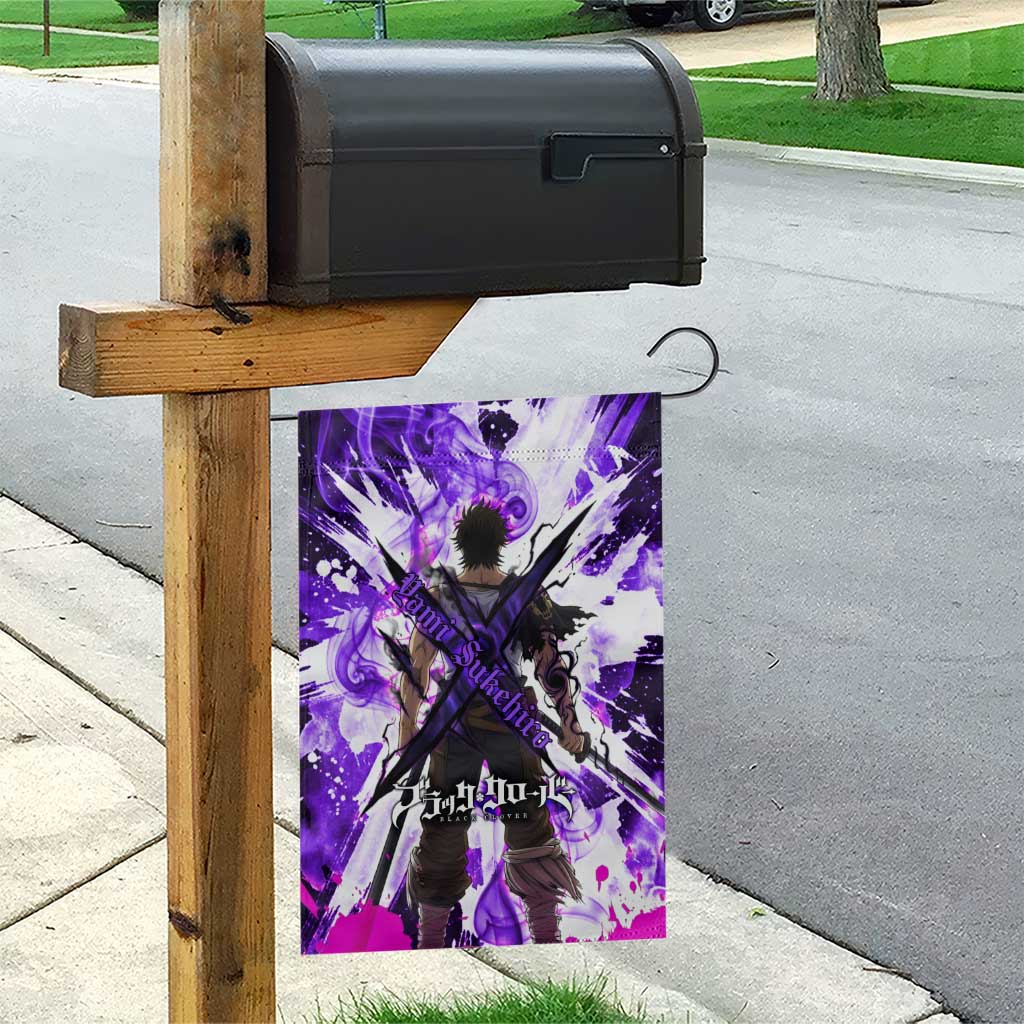 Yami Sukehiro Black Clover Garden Flag Dark Magic Anime Style with Purple Smoke and Bull Emblem