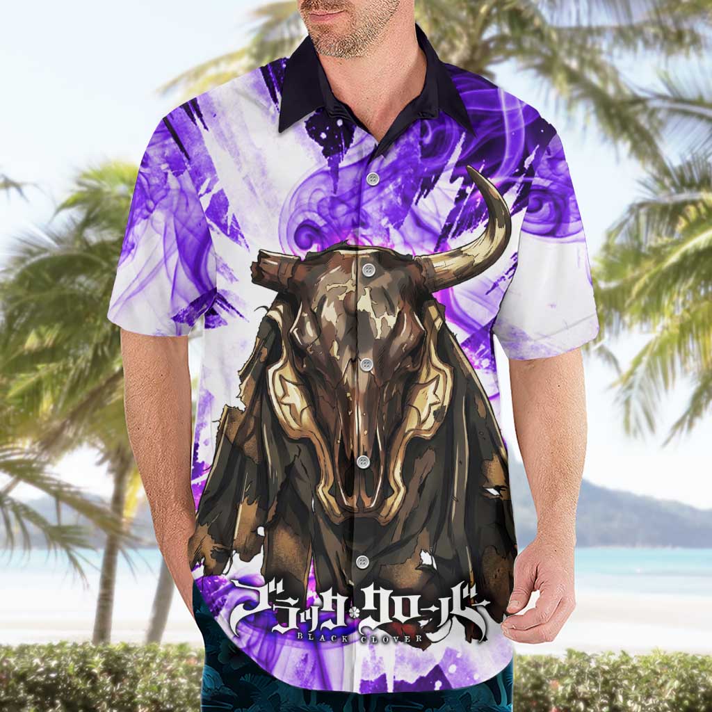 Yami Sukehiro Black Clover Hawaiian Shirt Dark Magic Anime Style with Purple Smoke and Bull Emblem