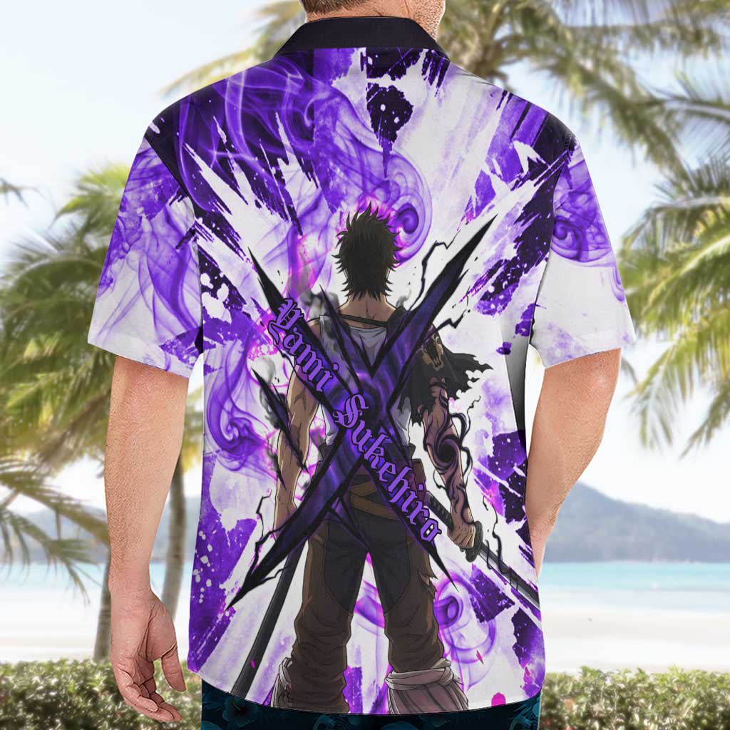 Yami Sukehiro Black Clover Hawaiian Shirt Dark Magic Anime Style with Purple Smoke and Bull Emblem
