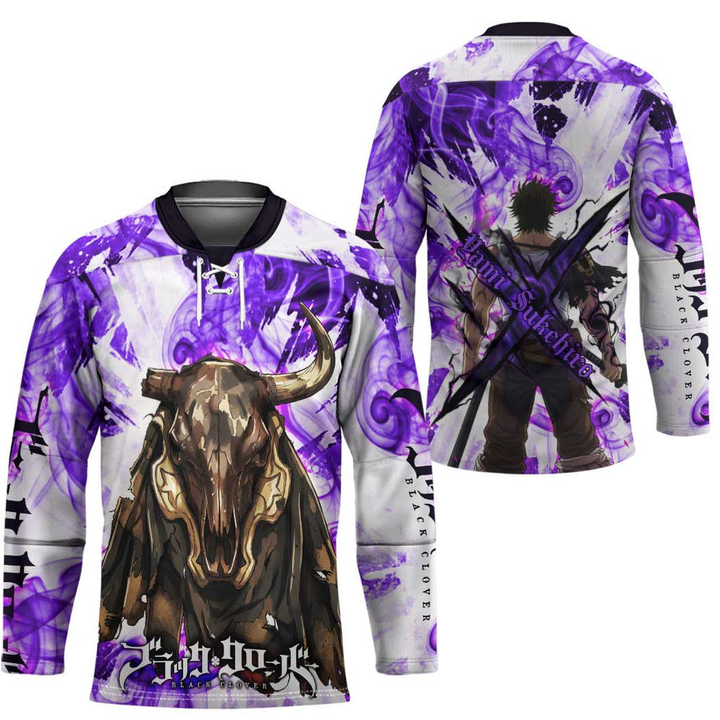 Yami Sukehiro Black Clover Hockey Jersey Dark Magic Anime Style with Purple Smoke and Bull Emblem