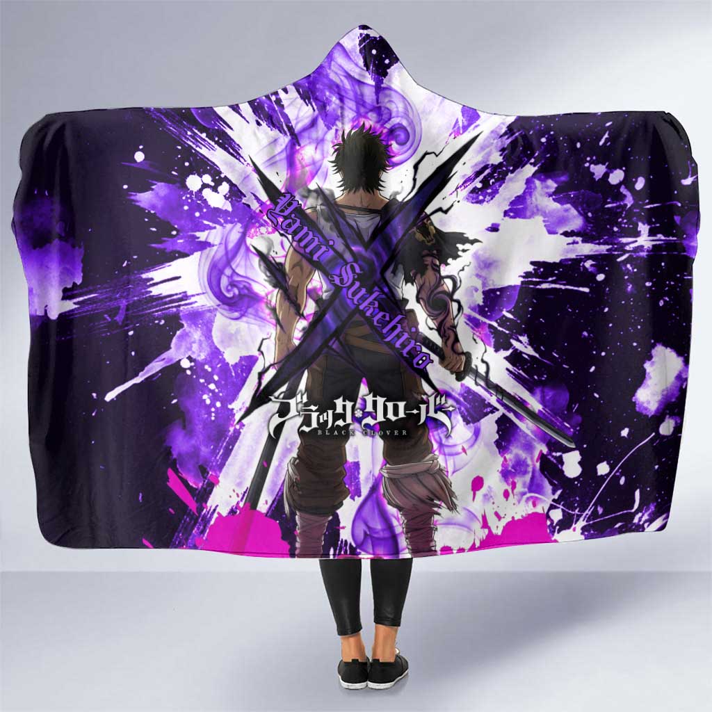 Yami Sukehiro Black Clover Hooded Blanket Dark Magic Anime Style with Purple Smoke and Bull Emblem
