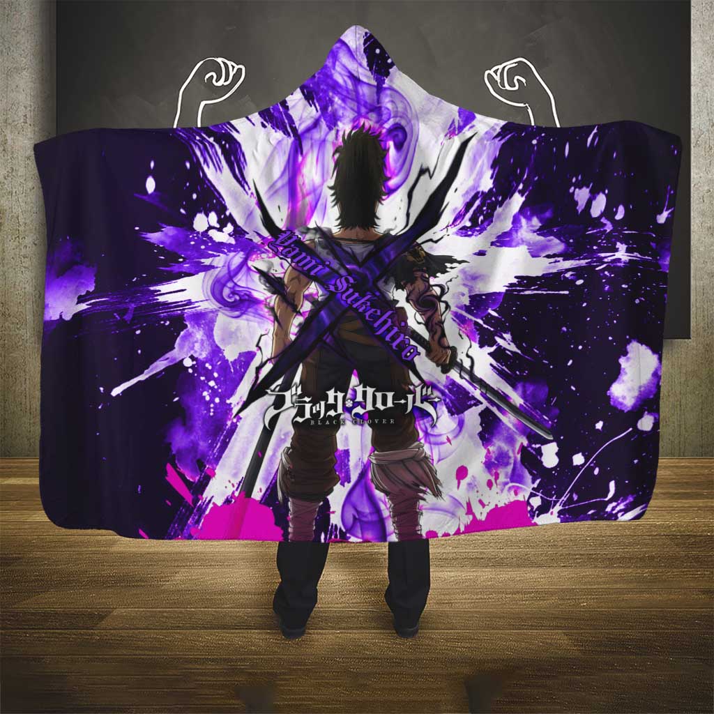 Yami Sukehiro Black Clover Hooded Blanket Dark Magic Anime Style with Purple Smoke and Bull Emblem