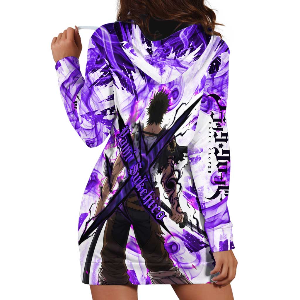Yami Sukehiro Black Clover Hoodie Dress Dark Magic Anime Style with Purple Smoke and Bull Emblem