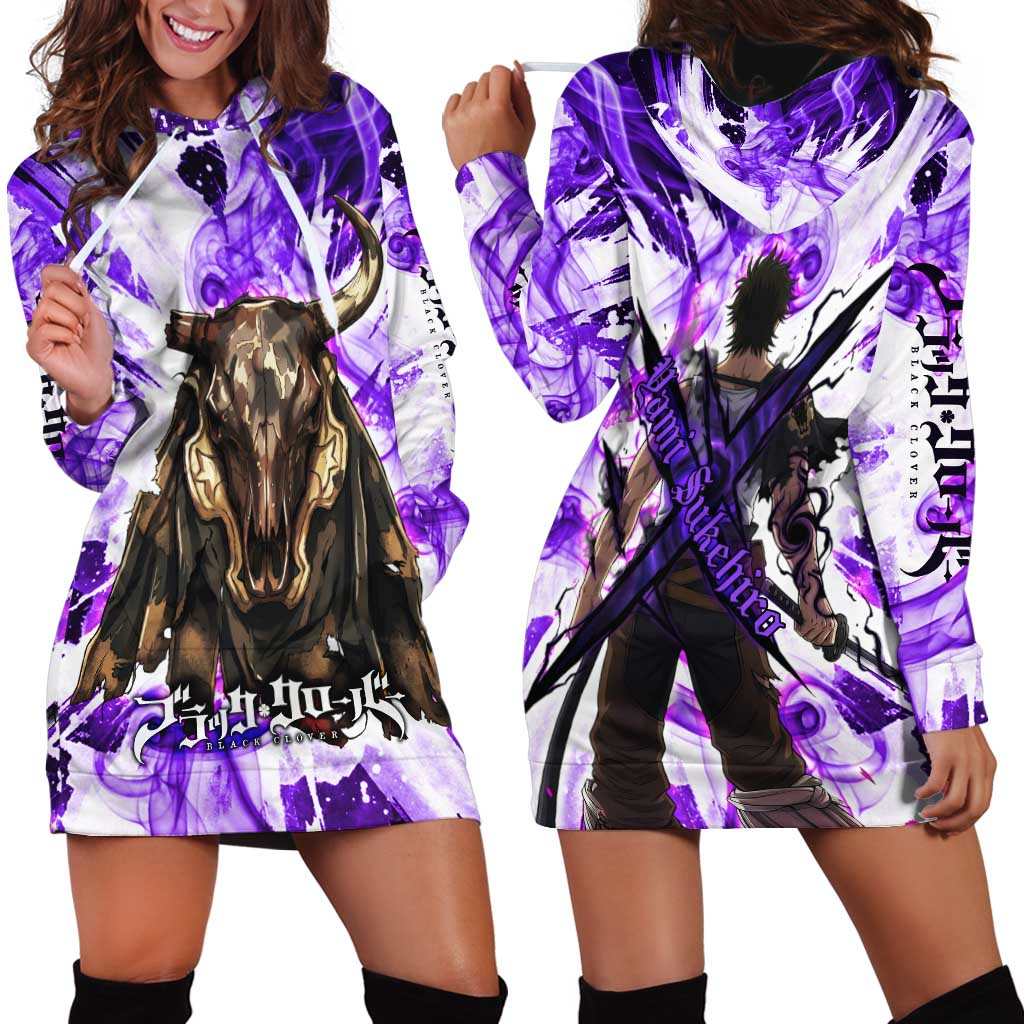 Yami Sukehiro Black Clover Hoodie Dress Dark Magic Anime Style with Purple Smoke and Bull Emblem