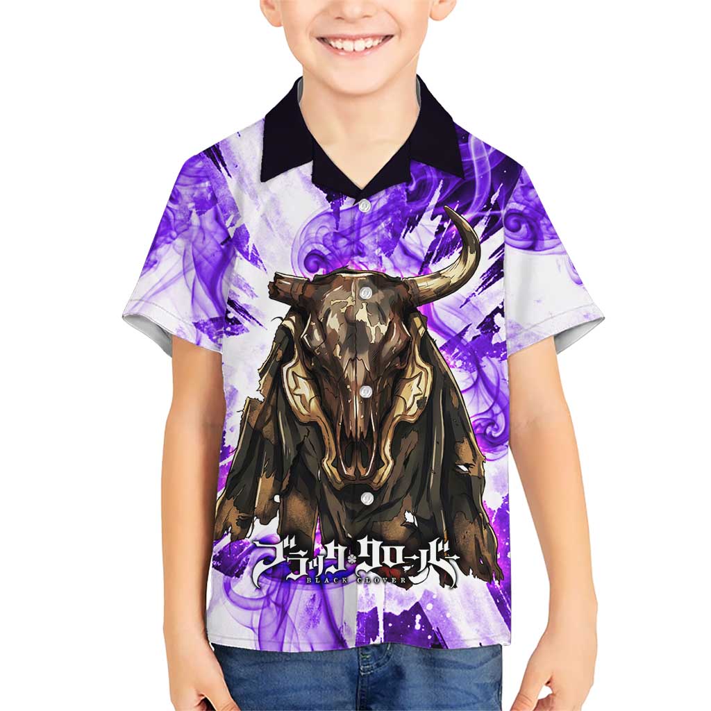Yami Sukehiro Black Clover Kid Hawaiian Shirt Dark Magic Anime Style with Purple Smoke and Bull Emblem