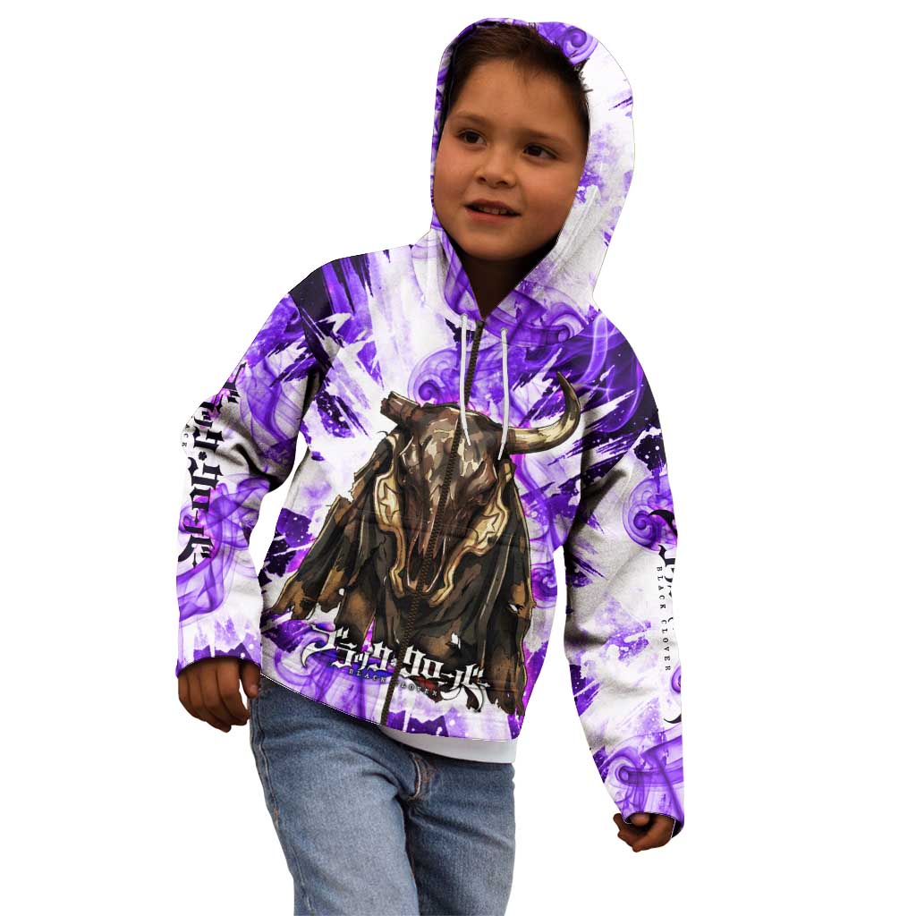 Yami Sukehiro Black Clover Kid Hoodie Dark Magic Anime Style with Purple Smoke and Bull Emblem