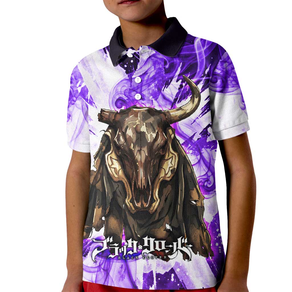 Yami Sukehiro Black Clover Kid Polo Shirt Dark Magic Anime Style with Purple Smoke and Bull Emblem