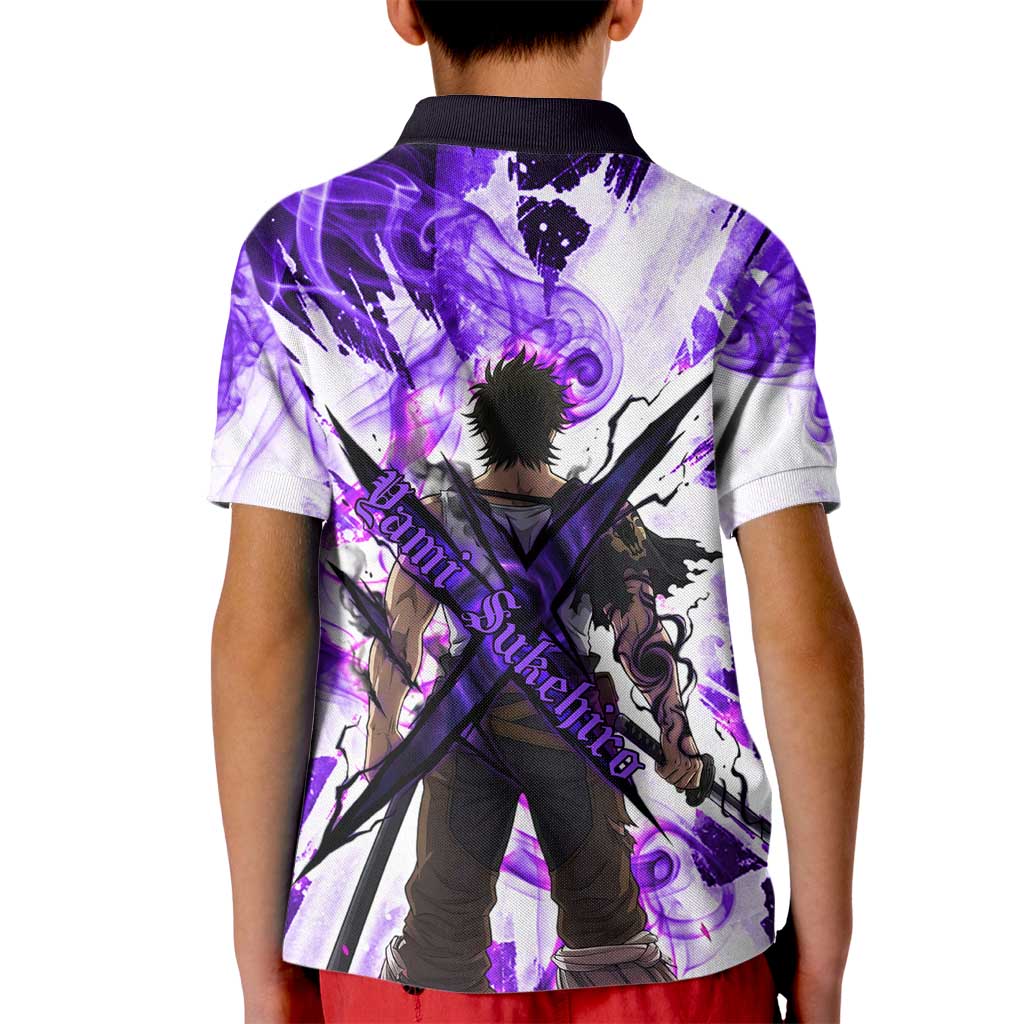 Yami Sukehiro Black Clover Kid Polo Shirt Dark Magic Anime Style with Purple Smoke and Bull Emblem