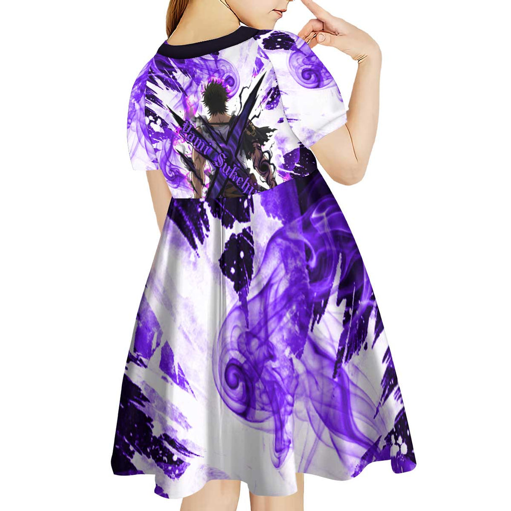 Yami Sukehiro Black Clover Kid Short Sleeve Dress Dark Magic Anime Style with Purple Smoke and Bull Emblem