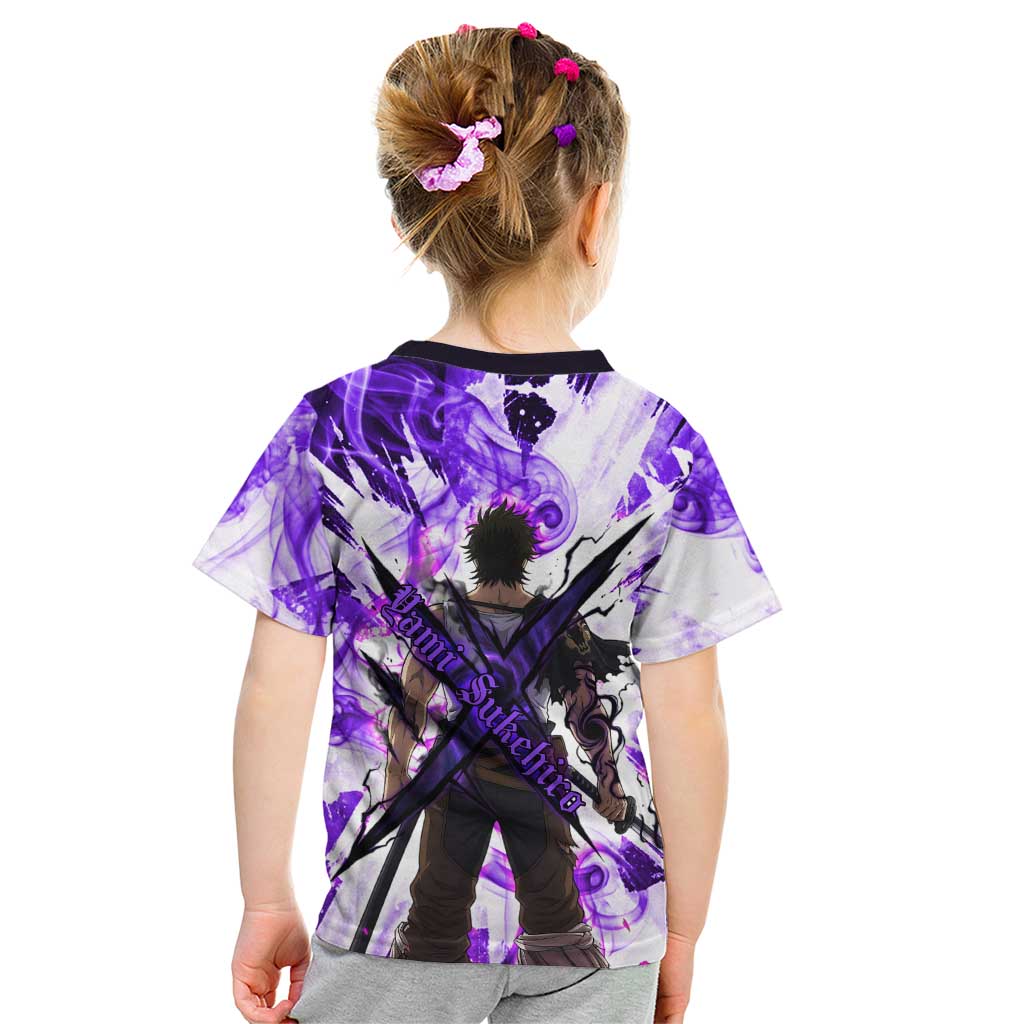 Yami Sukehiro Black Clover Kid T Shirt Dark Magic Anime Style with Purple Smoke and Bull Emblem