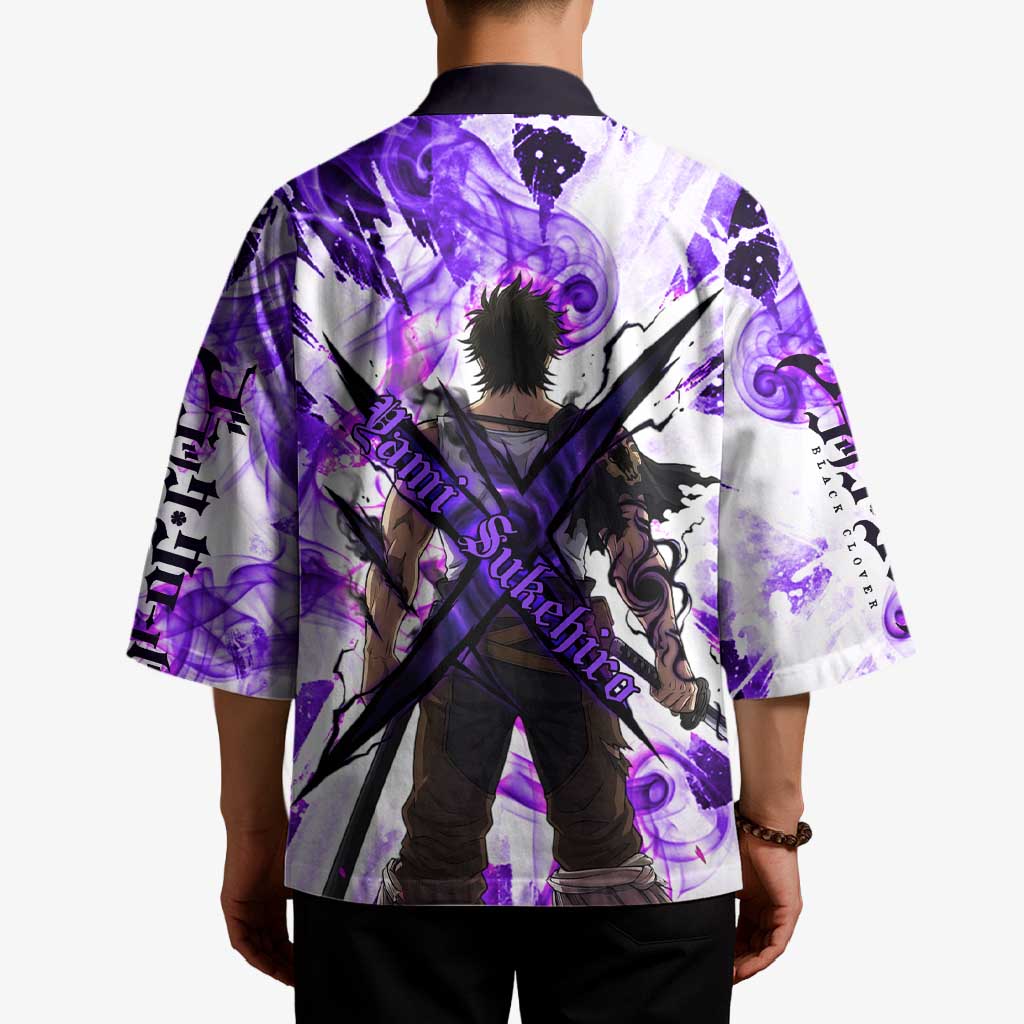 Yami Sukehiro Black Clover Kimono Dark Magic Anime Style with Purple Smoke and Bull Emblem