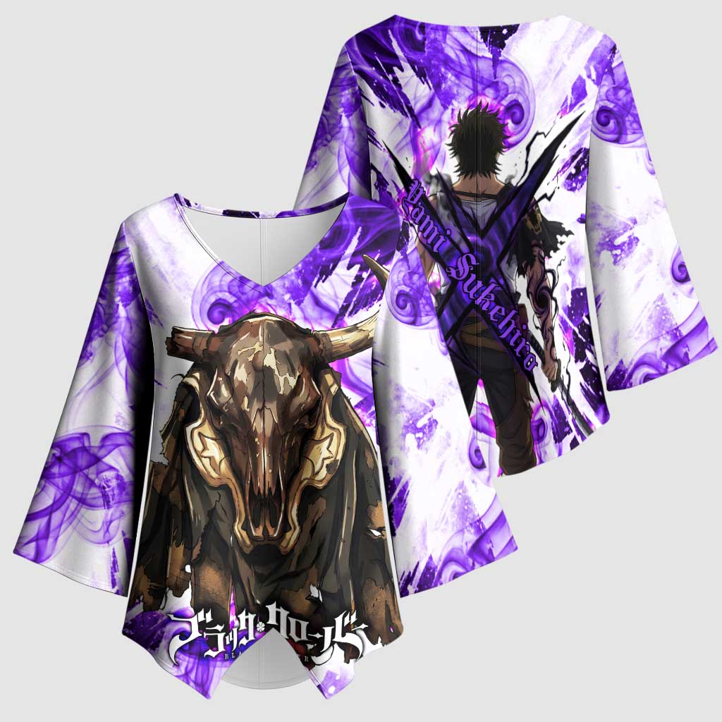 Yami Sukehiro Black Clover Kimono Sleeve Blouse Dark Magic Anime Style with Purple Smoke and Bull Emblem