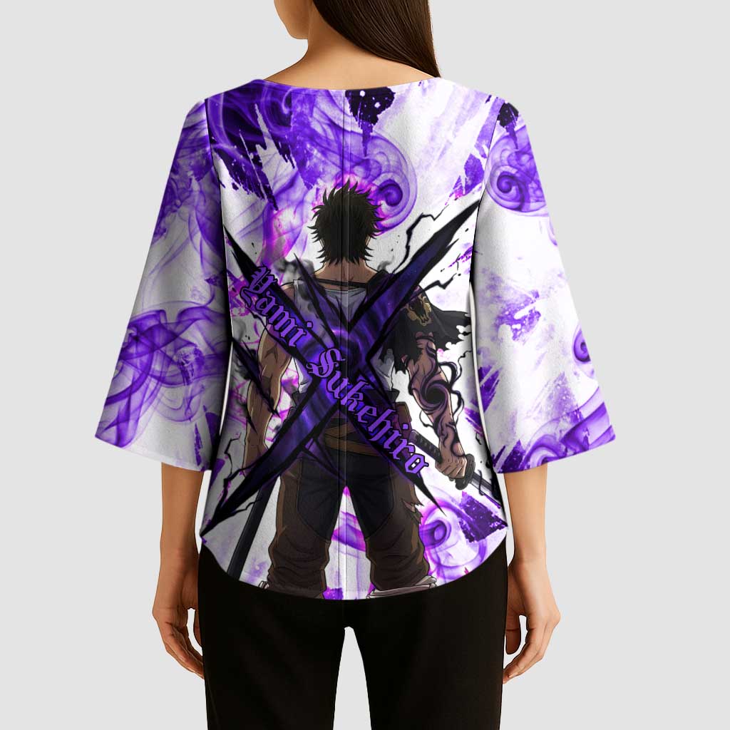 Yami Sukehiro Black Clover Kimono Sleeve Blouse Dark Magic Anime Style with Purple Smoke and Bull Emblem