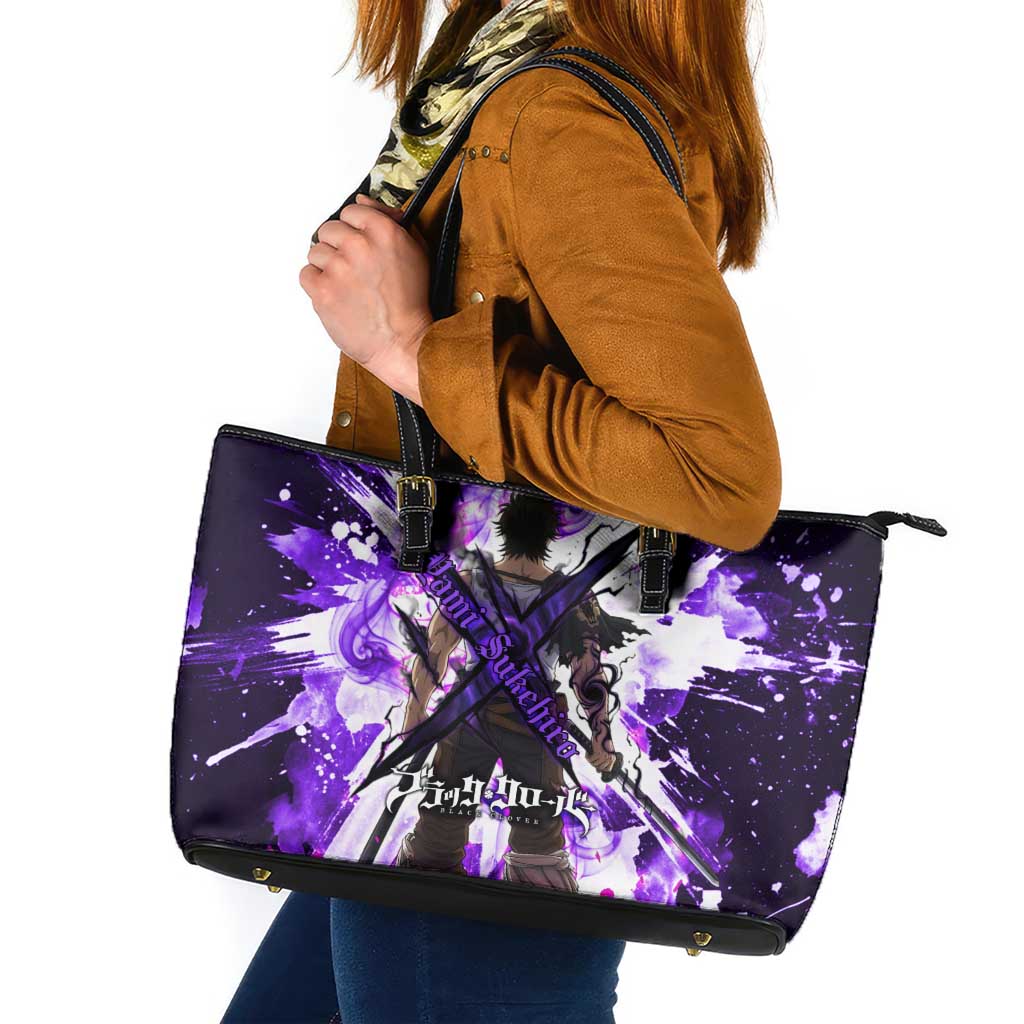 Yami Sukehiro Black Clover Leather Tote Bag Dark Magic Anime Style with Purple Smoke and Bull Emblem