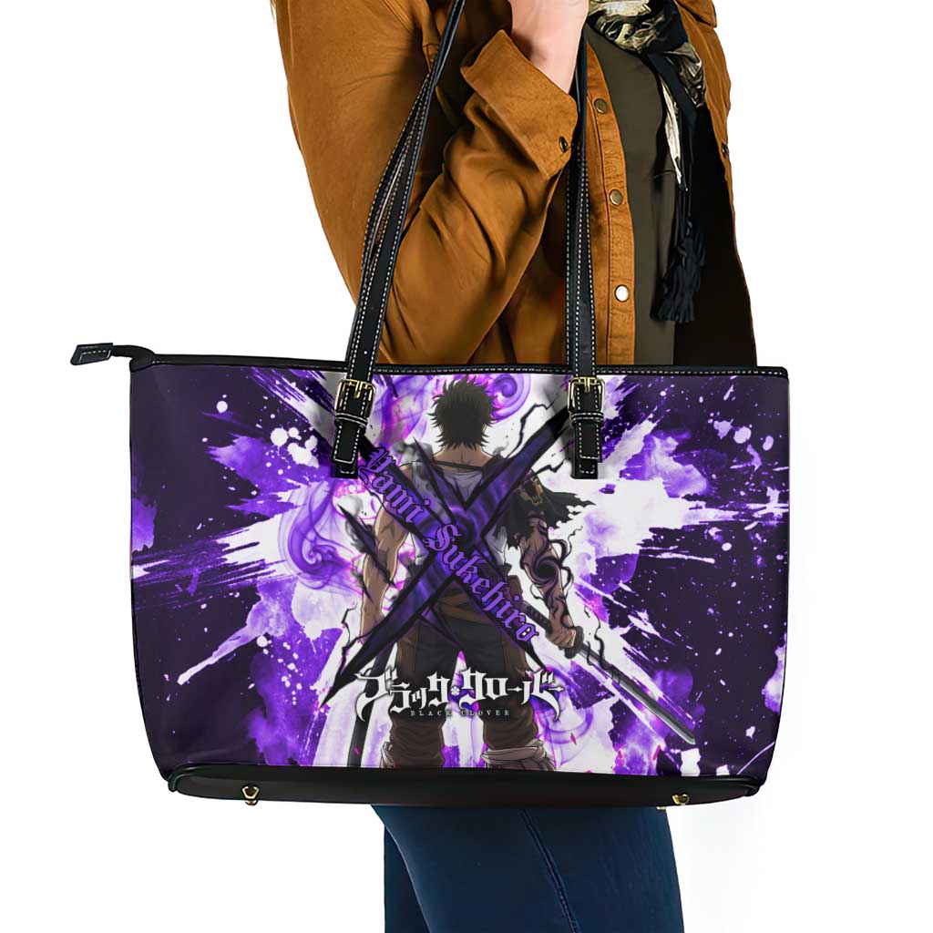 Yami Sukehiro Black Clover Leather Tote Bag Dark Magic Anime Style with Purple Smoke and Bull Emblem