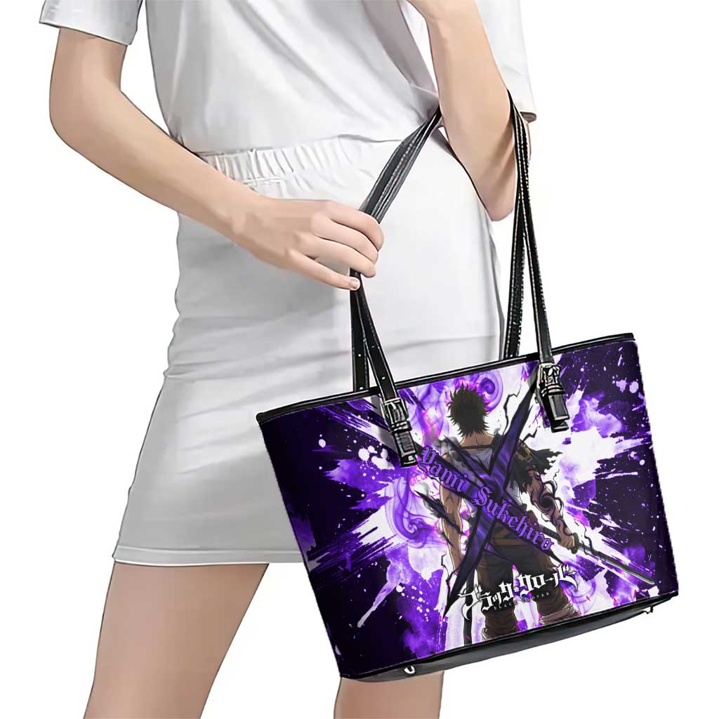 Yami Sukehiro Black Clover Leather Tote Bag Dark Magic Anime Style with Purple Smoke and Bull Emblem