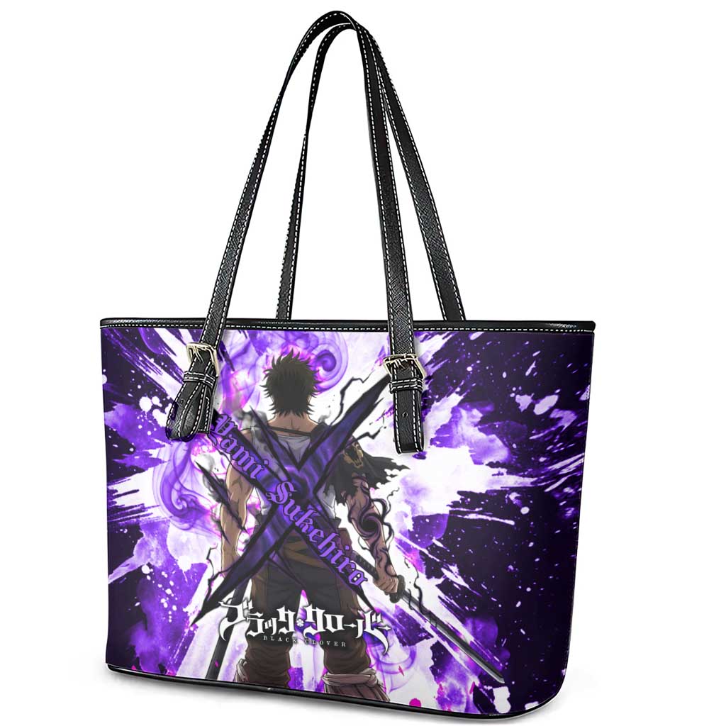 Yami Sukehiro Black Clover Leather Tote Bag Dark Magic Anime Style with Purple Smoke and Bull Emblem