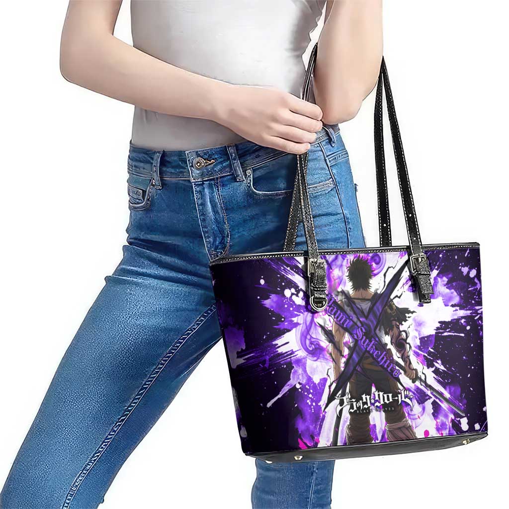 Yami Sukehiro Black Clover Leather Tote Bag Dark Magic Anime Style with Purple Smoke and Bull Emblem