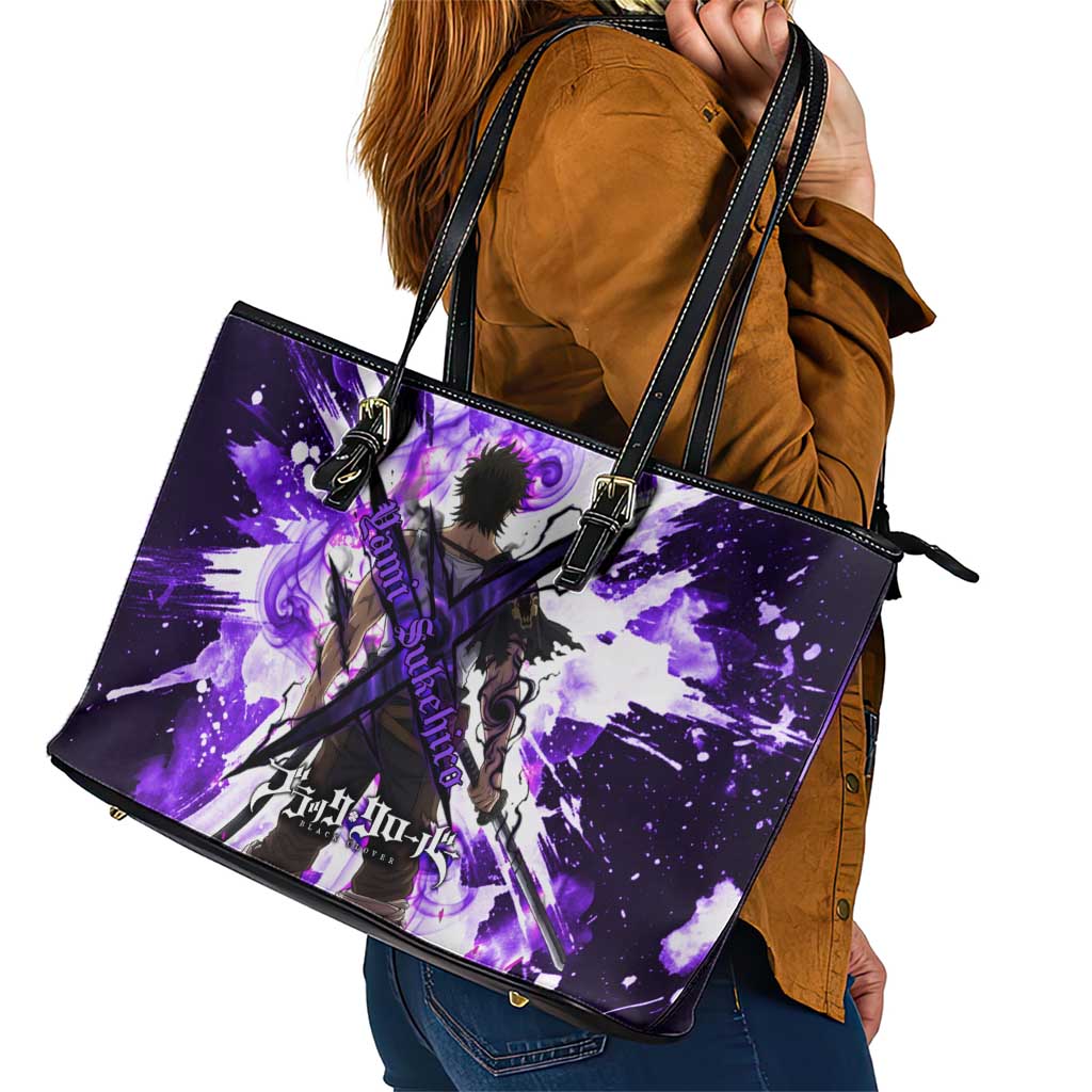 Yami Sukehiro Black Clover Leather Tote Bag Dark Magic Anime Style with Purple Smoke and Bull Emblem