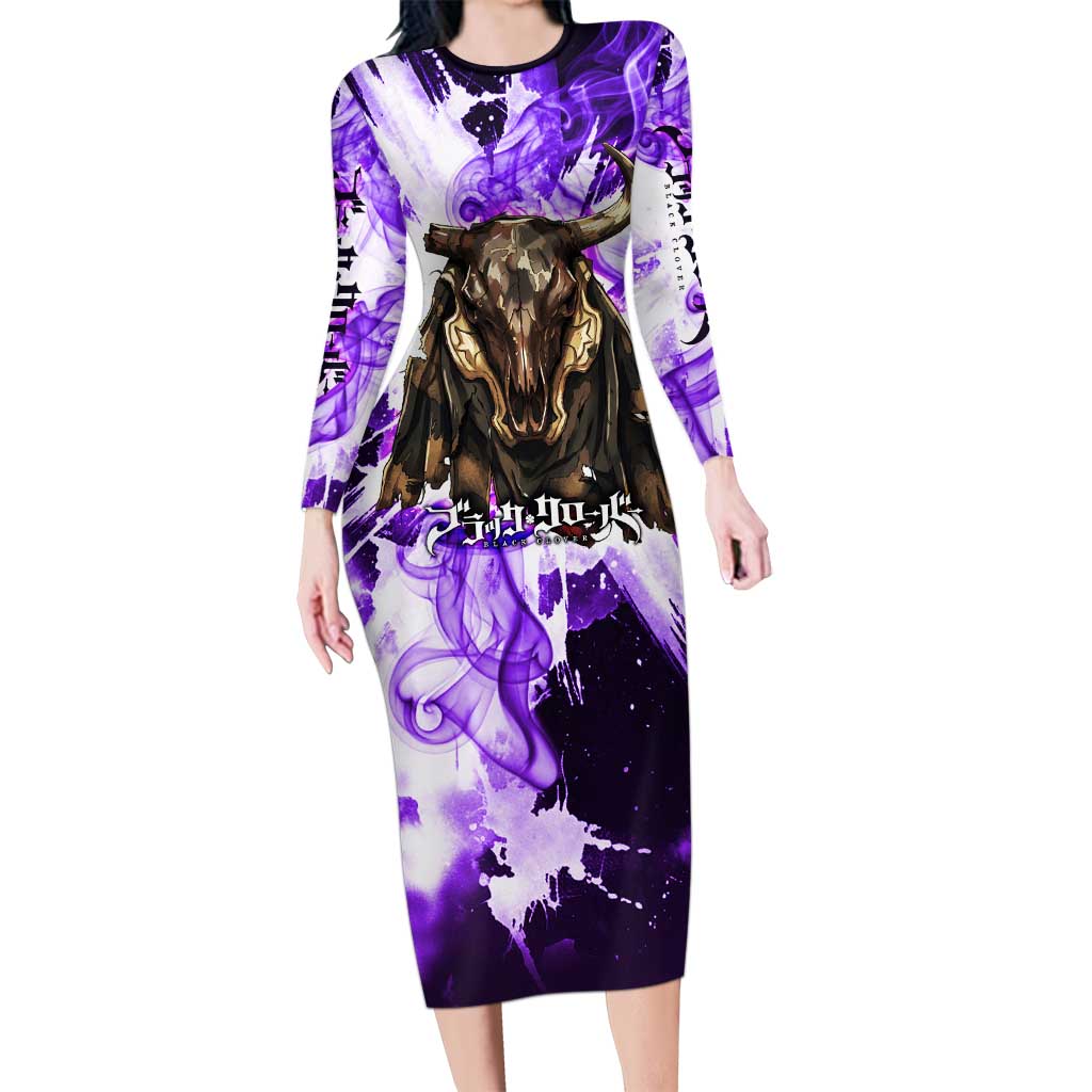 Yami Sukehiro Black Clover Long Sleeve Bodycon Dress Dark Magic Anime Style with Purple Smoke and Bull Emblem