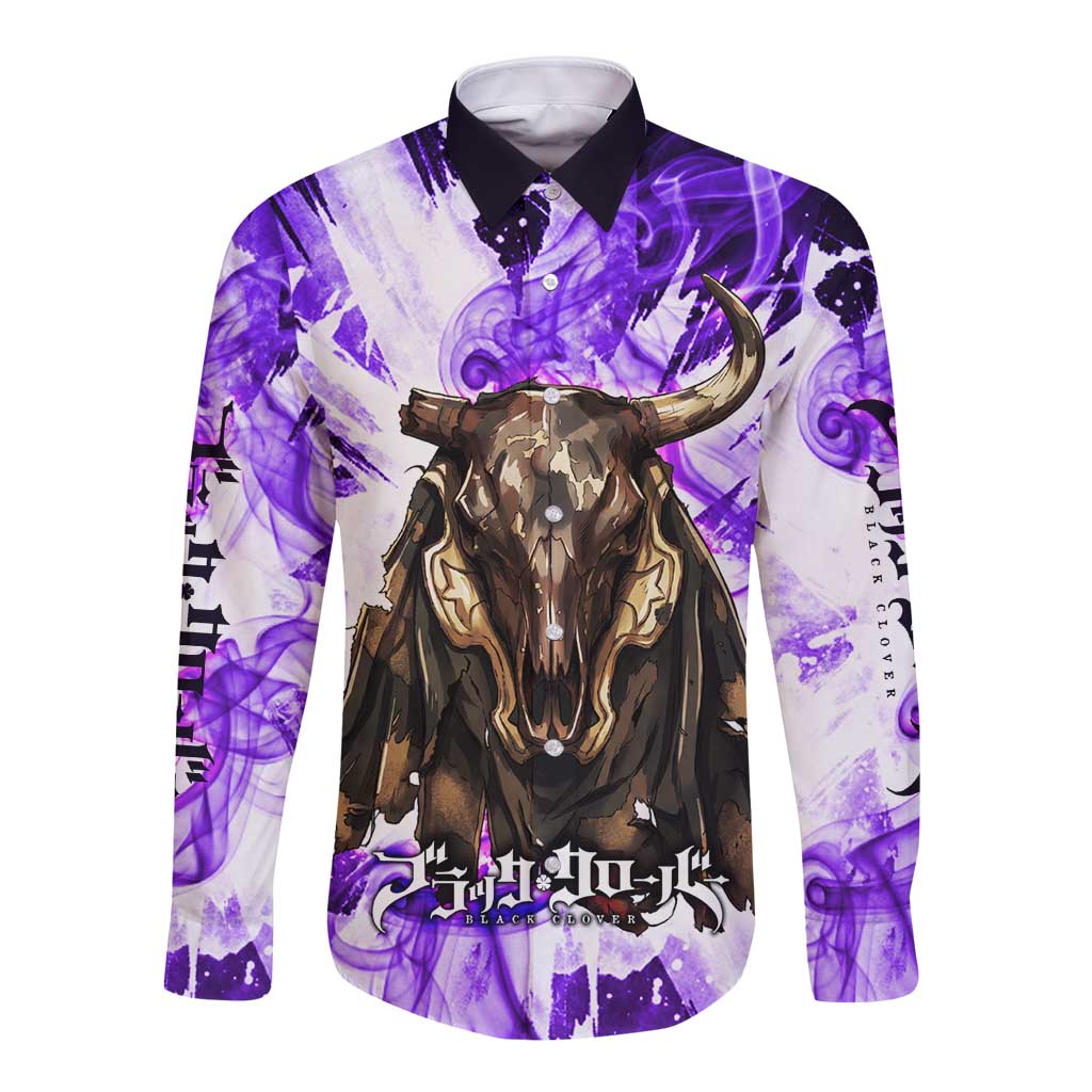 Yami Sukehiro Black Clover Long Sleeve Button Shirt Dark Magic Anime Style with Purple Smoke and Bull Emblem