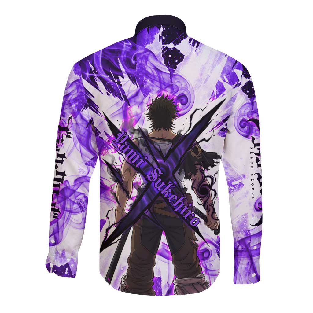 Yami Sukehiro Black Clover Long Sleeve Button Shirt Dark Magic Anime Style with Purple Smoke and Bull Emblem