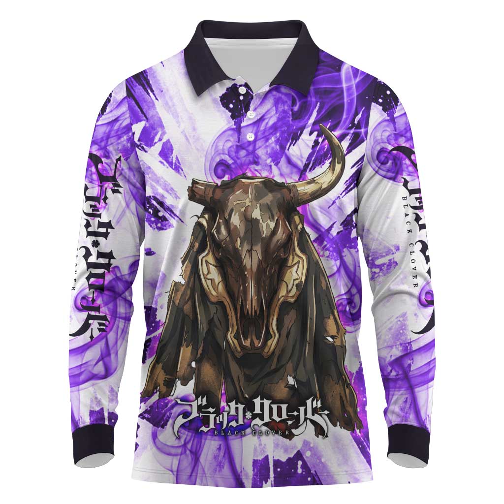 Yami Sukehiro Black Clover Long Sleeve Polo Shirt Dark Magic Anime Style with Purple Smoke and Bull Emblem