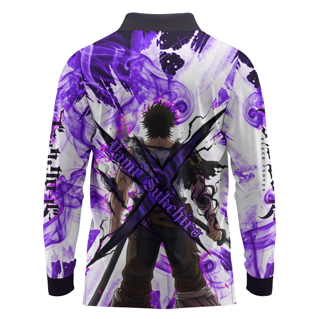 Yami Sukehiro Black Clover Long Sleeve Polo Shirt Dark Magic Anime Style with Purple Smoke and Bull Emblem