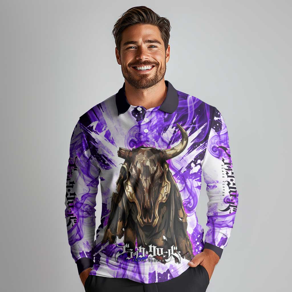 Yami Sukehiro Black Clover Long Sleeve Polo Shirt Dark Magic Anime Style with Purple Smoke and Bull Emblem