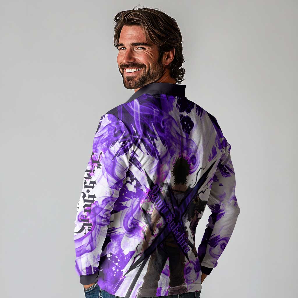 Yami Sukehiro Black Clover Long Sleeve Polo Shirt Dark Magic Anime Style with Purple Smoke and Bull Emblem