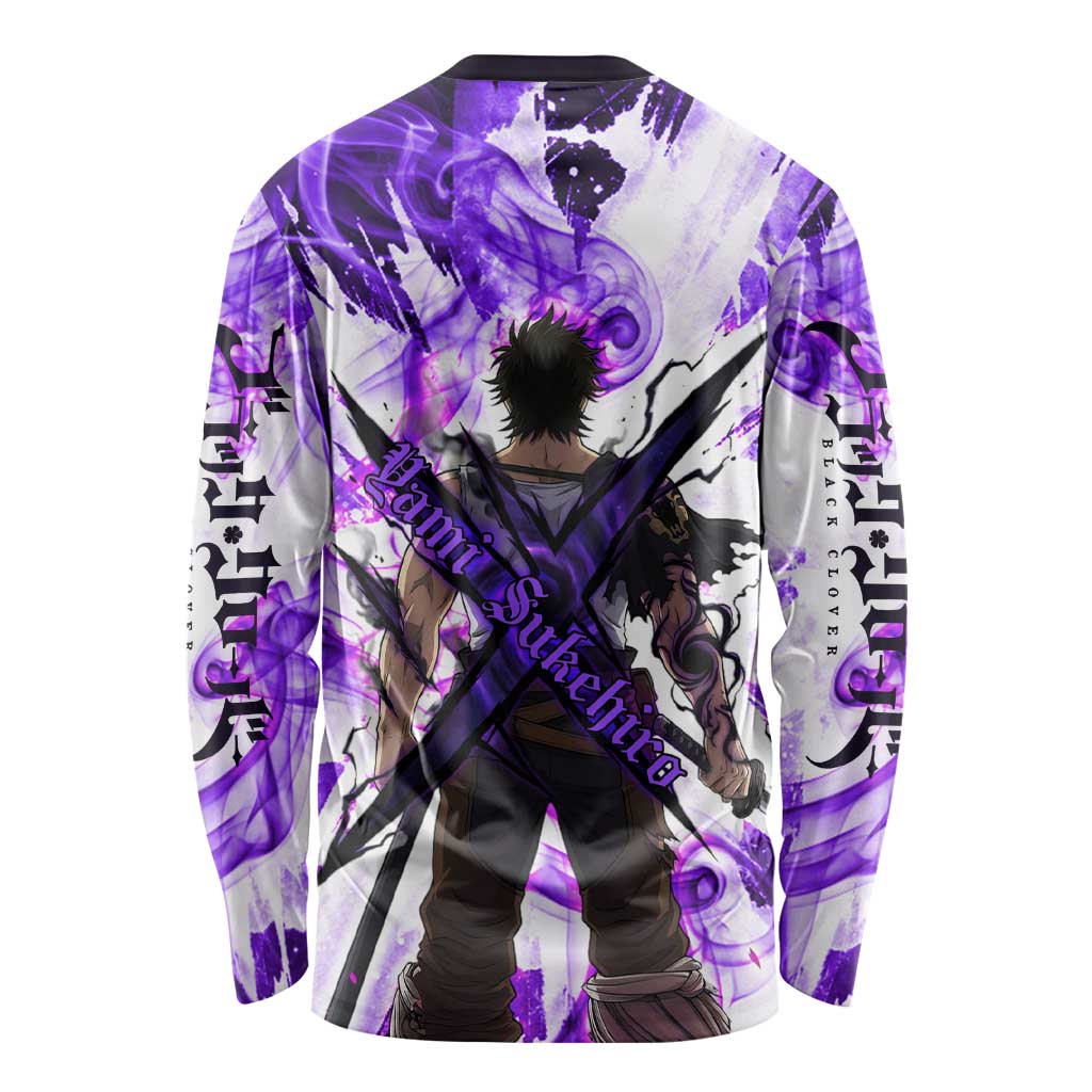 Yami Sukehiro Black Clover Long Sleeve Shirt Dark Magic Anime Style with Purple Smoke and Bull Emblem