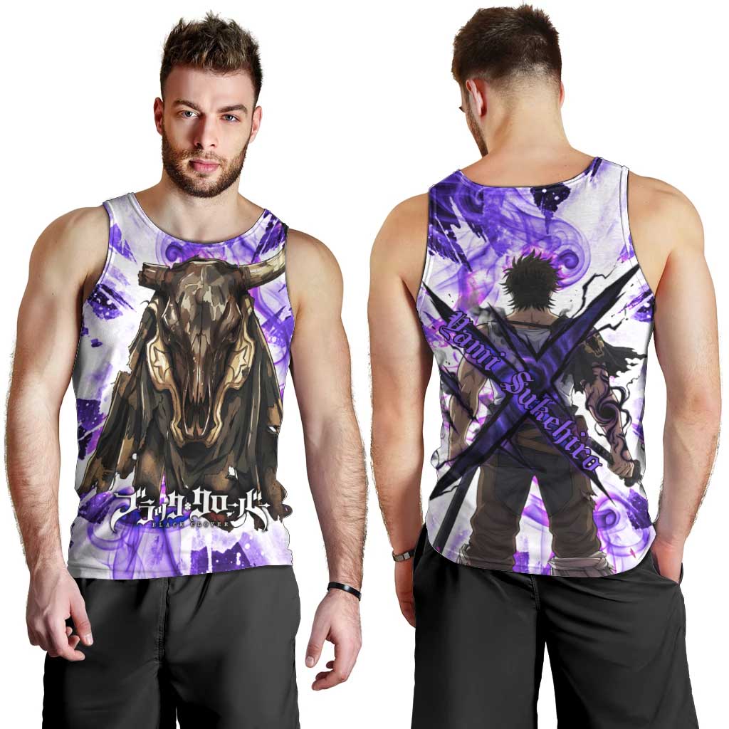 Yami Sukehiro Black Clover Men Tank Top Dark Magic Anime Style with Purple Smoke and Bull Emblem