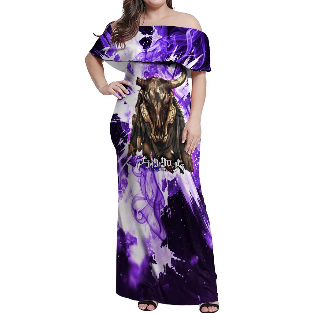 Yami Sukehiro Black Clover Off Shoulder Maxi Dress Dark Magic Anime Style with Purple Smoke and Bull Emblem