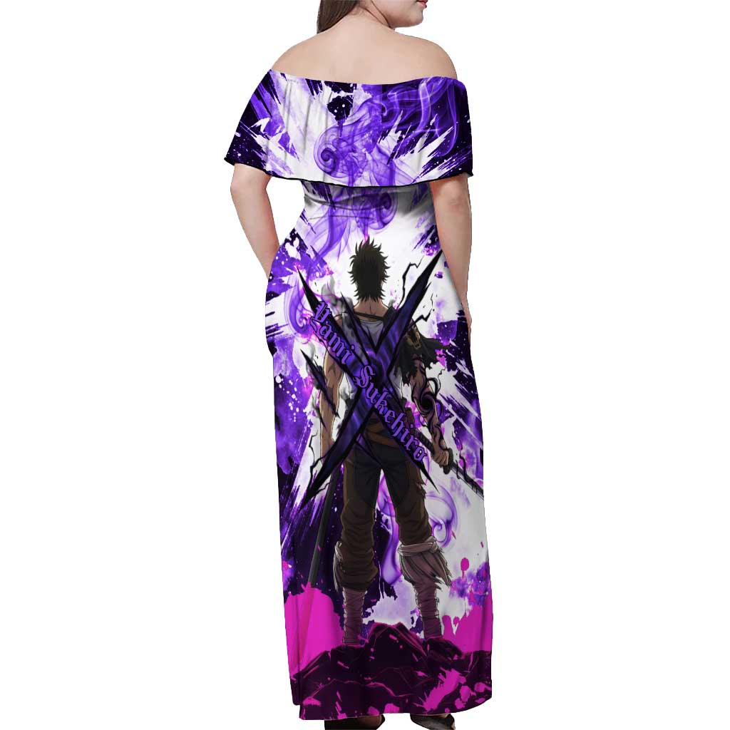 Yami Sukehiro Black Clover Off Shoulder Maxi Dress Dark Magic Anime Style with Purple Smoke and Bull Emblem