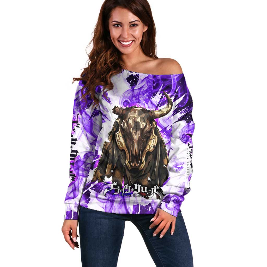 Yami Sukehiro Black Clover Off Shoulder Sweater Dark Magic Anime Style with Purple Smoke and Bull Emblem