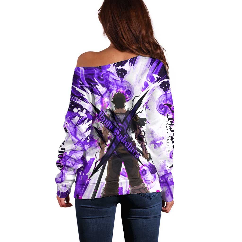 Yami Sukehiro Black Clover Off Shoulder Sweater Dark Magic Anime Style with Purple Smoke and Bull Emblem
