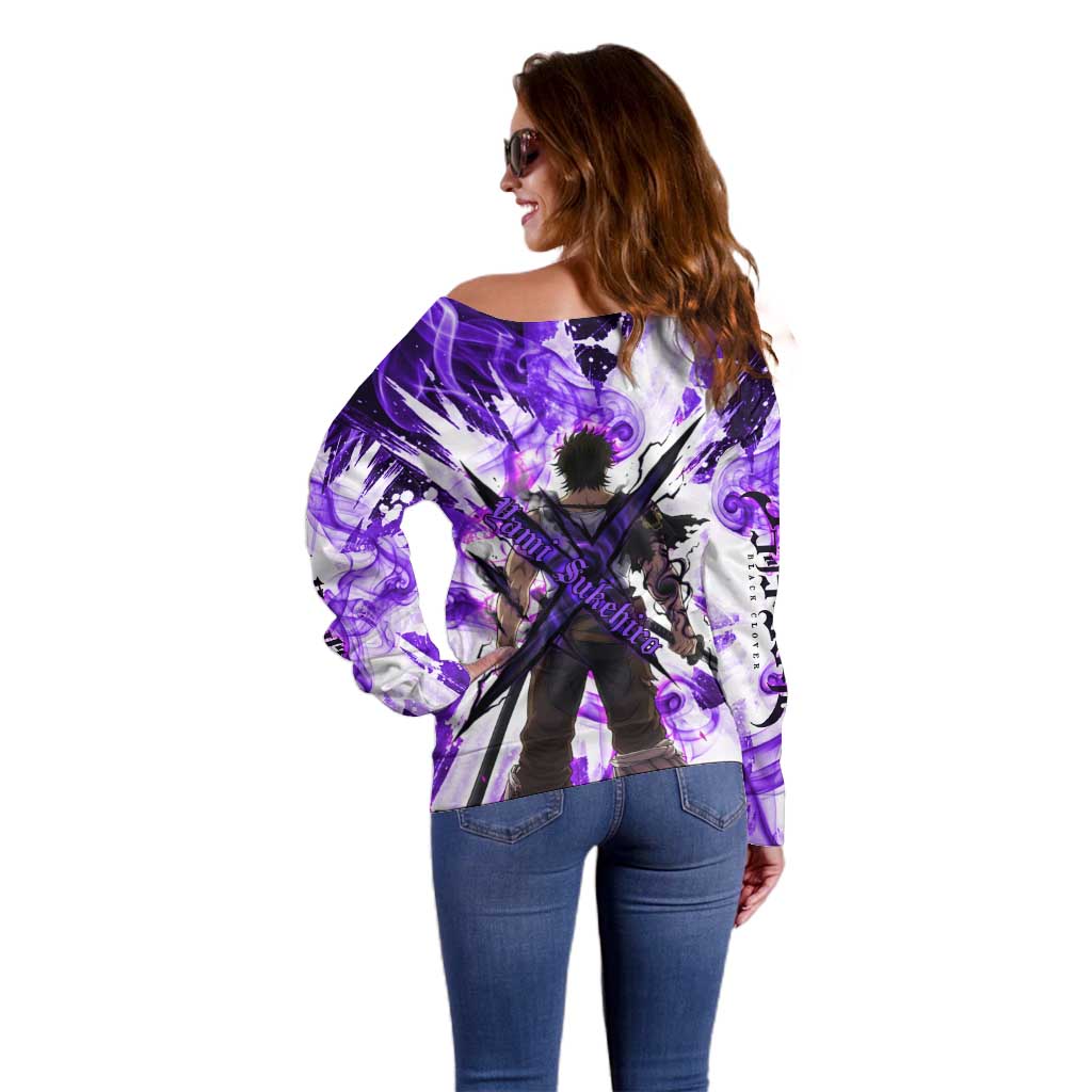 Yami Sukehiro Black Clover Off Shoulder Sweater Dark Magic Anime Style with Purple Smoke and Bull Emblem