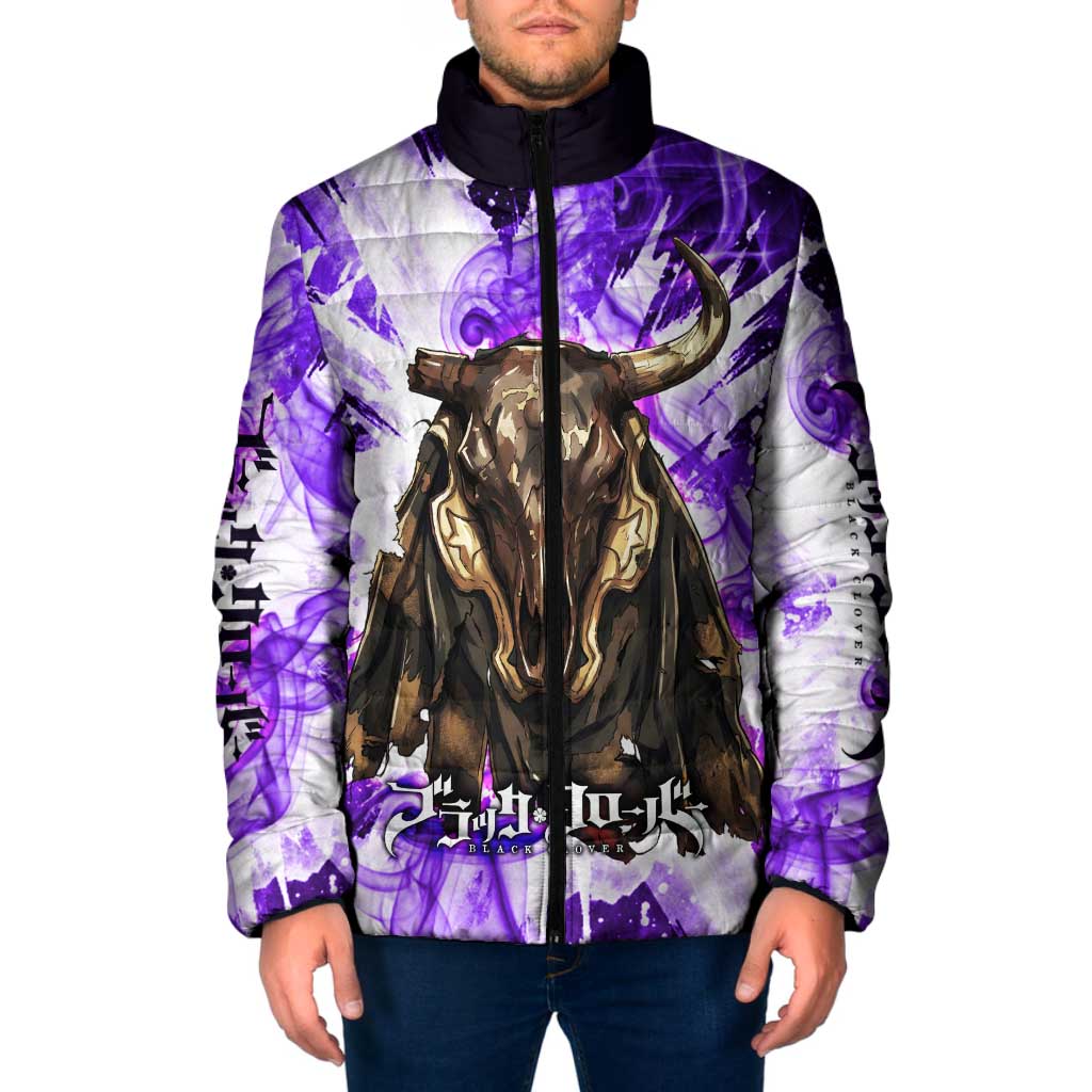 Yami Sukehiro Black Clover Padded Jacket Dark Magic Anime Style with Purple Smoke and Bull Emblem