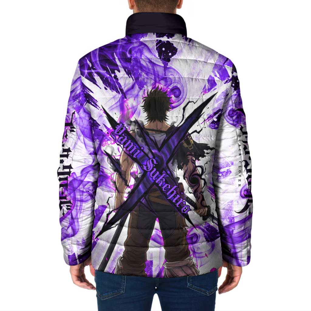 Yami Sukehiro Black Clover Padded Jacket Dark Magic Anime Style with Purple Smoke and Bull Emblem