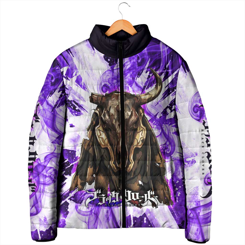 Yami Sukehiro Black Clover Padded Jacket Dark Magic Anime Style with Purple Smoke and Bull Emblem