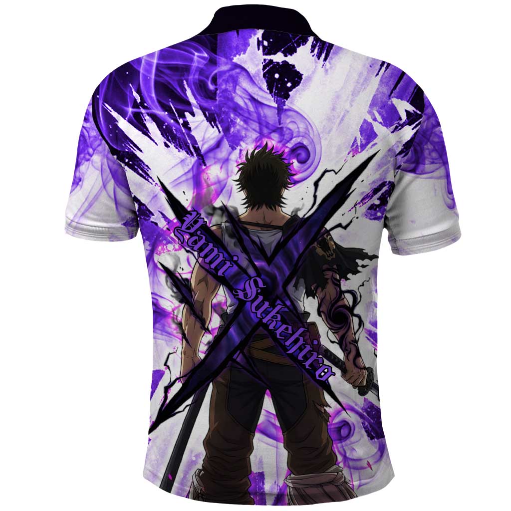 Yami Sukehiro Black Clover Polo Shirt Dark Magic Anime Style with Purple Smoke and Bull Emblem