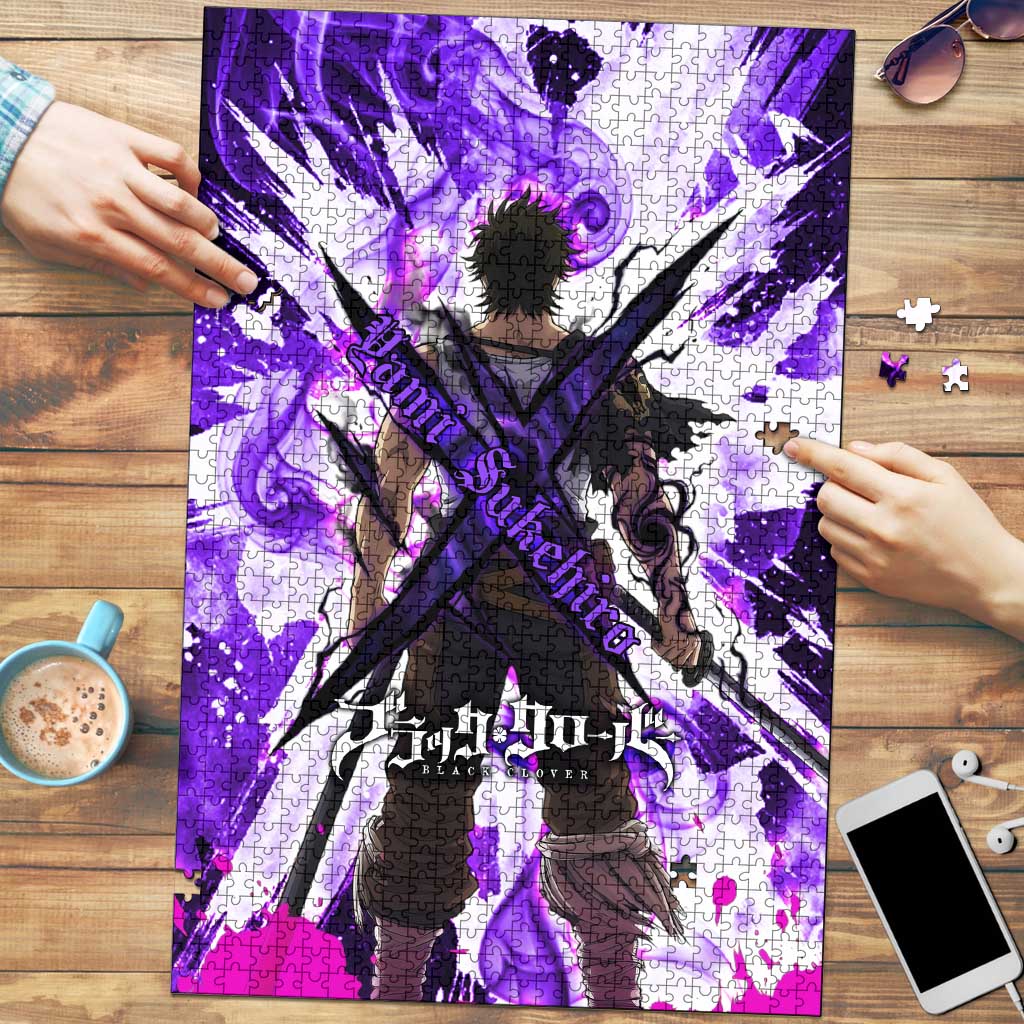 Yami Sukehiro Black Clover Puzzle Dark Magic Anime Style with Purple Smoke and Bull Emblem