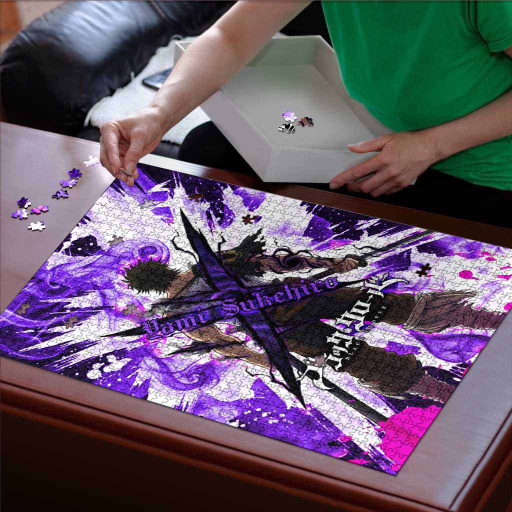 Yami Sukehiro Black Clover Puzzle Dark Magic Anime Style with Purple Smoke and Bull Emblem