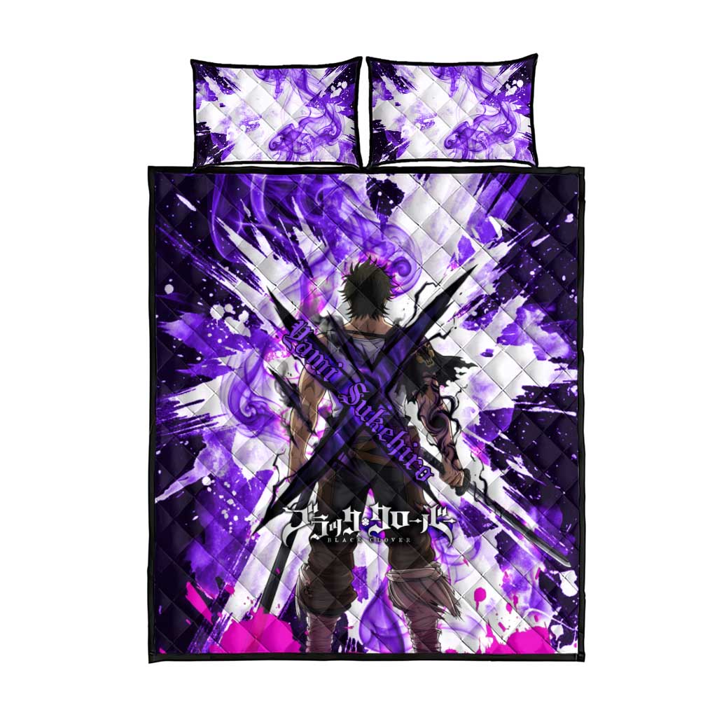 Yami Sukehiro Black Clover Quilt Bed Set Dark Magic Anime Style with Purple Smoke and Bull Emblem