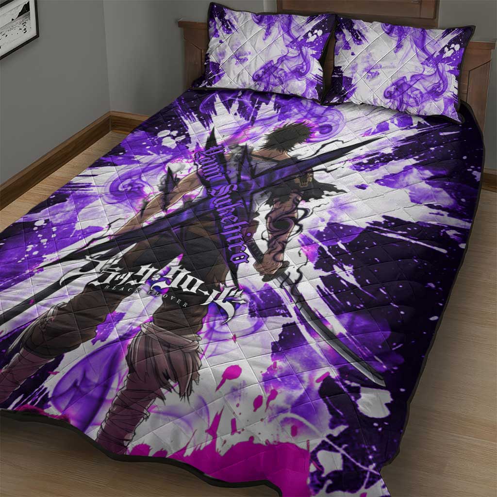 Yami Sukehiro Black Clover Quilt Bed Set Dark Magic Anime Style with Purple Smoke and Bull Emblem