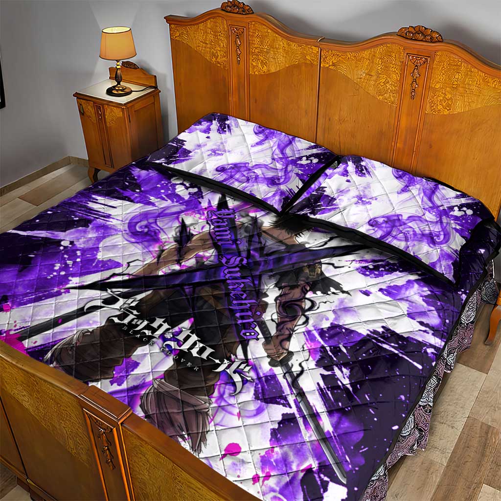 Yami Sukehiro Black Clover Quilt Bed Set Dark Magic Anime Style with Purple Smoke and Bull Emblem
