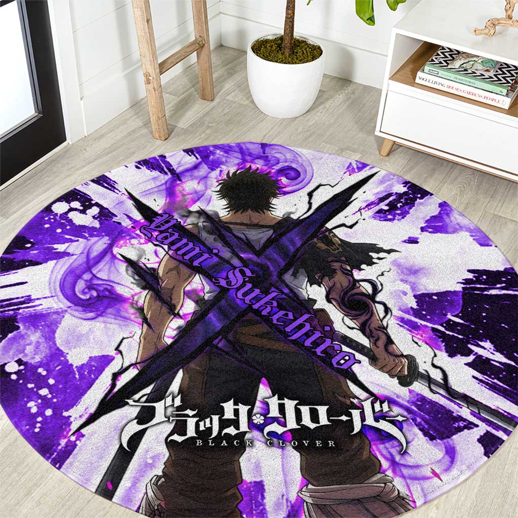 Yami Sukehiro Black Clover Round Carpet Dark Magic Anime Style with Purple Smoke and Bull Emblem