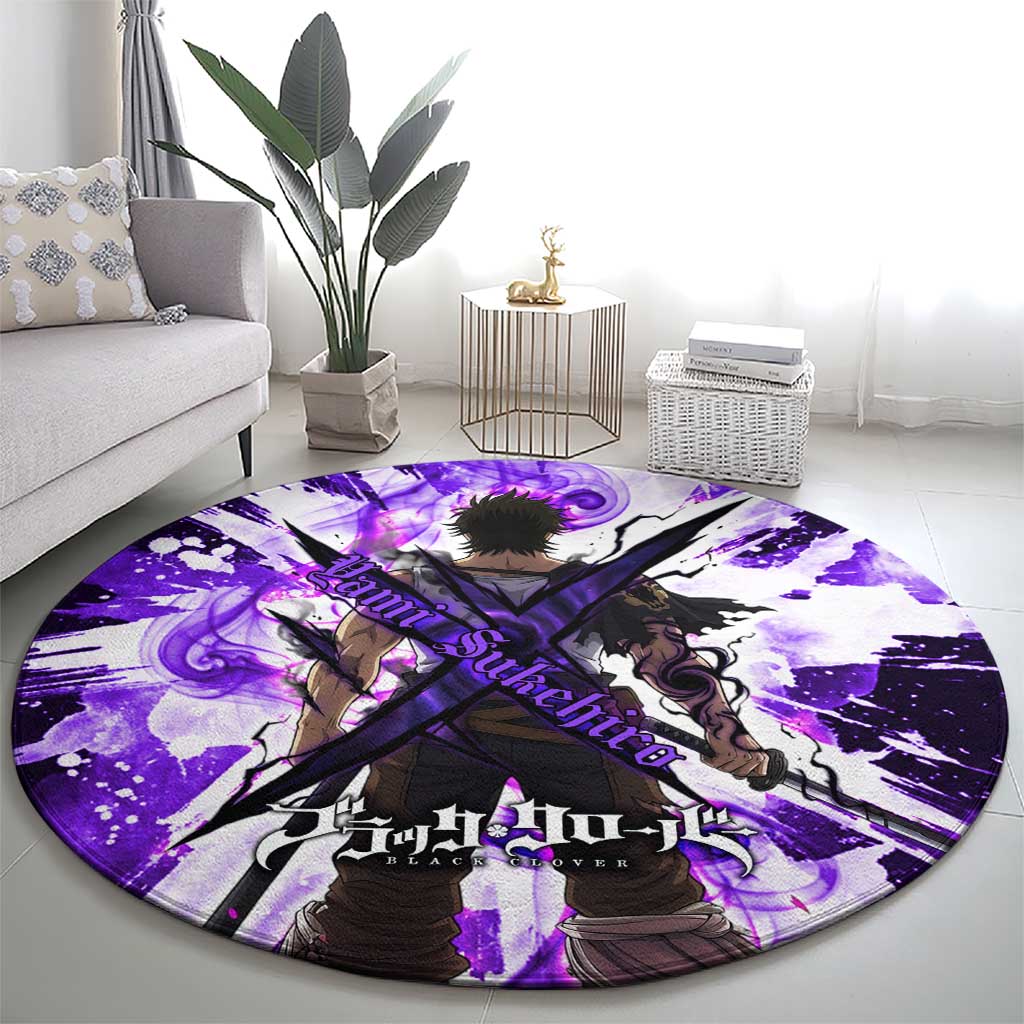 Yami Sukehiro Black Clover Round Carpet Dark Magic Anime Style with Purple Smoke and Bull Emblem