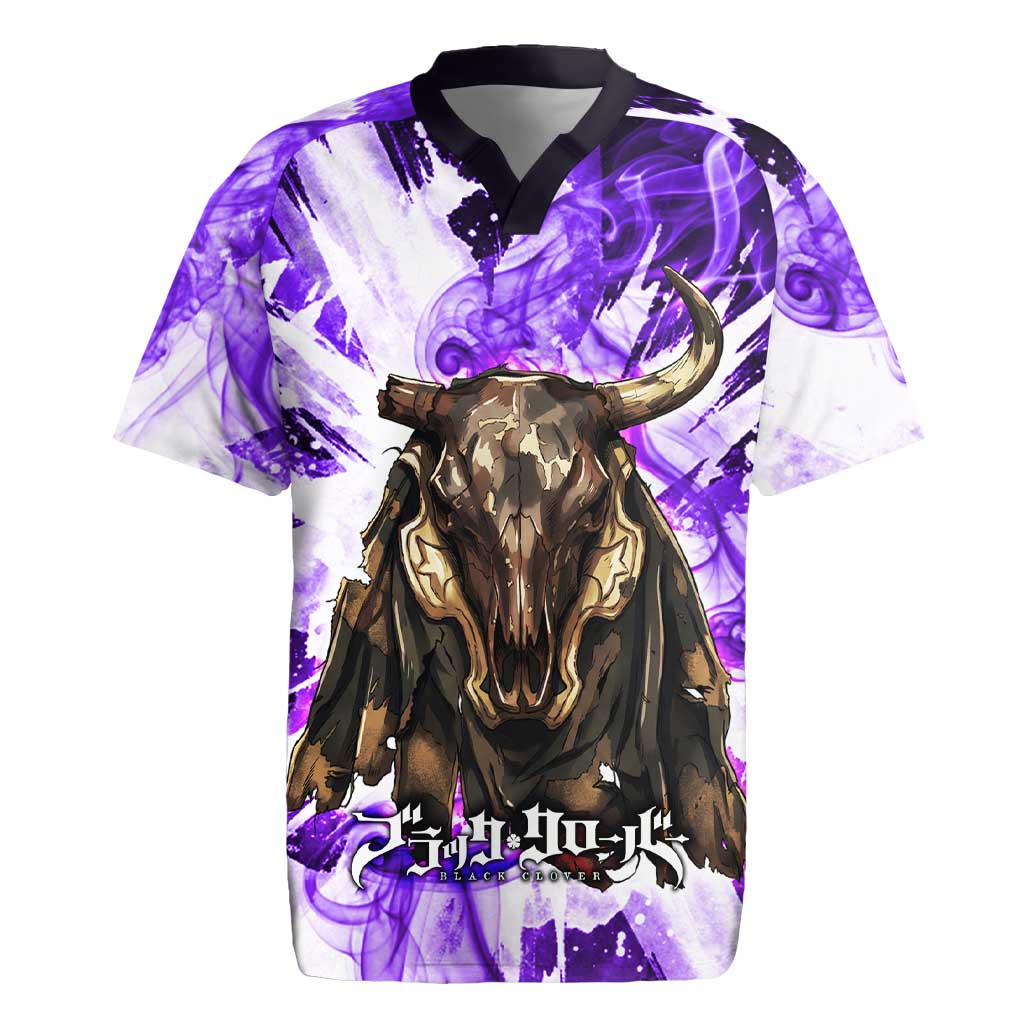 Yami Sukehiro Black Clover Rugby Jersey Dark Magic Anime Style with Purple Smoke and Bull Emblem