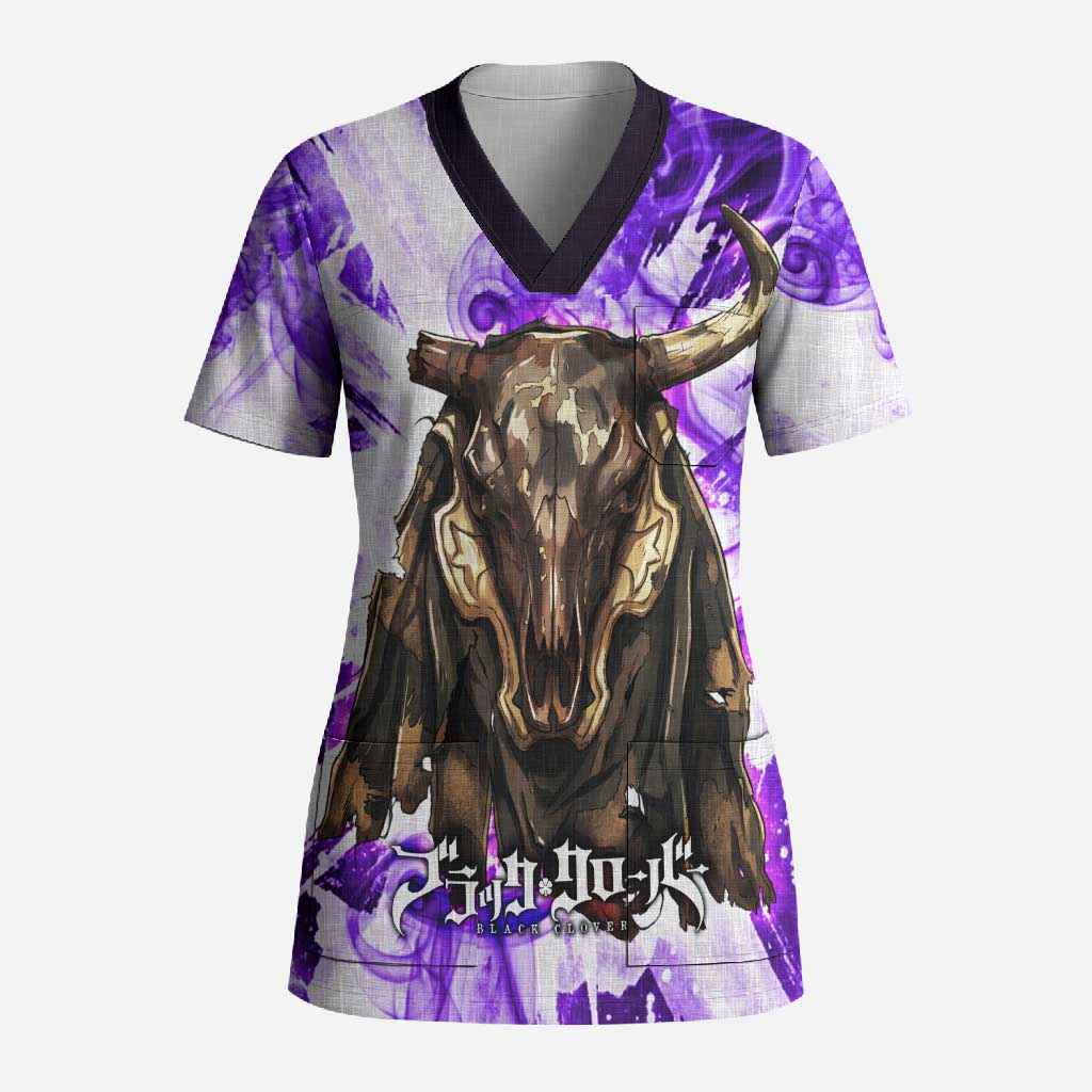 Yami Sukehiro Black Clover Scrub Top Dark Magic Anime Style with Purple Smoke and Bull Emblem
